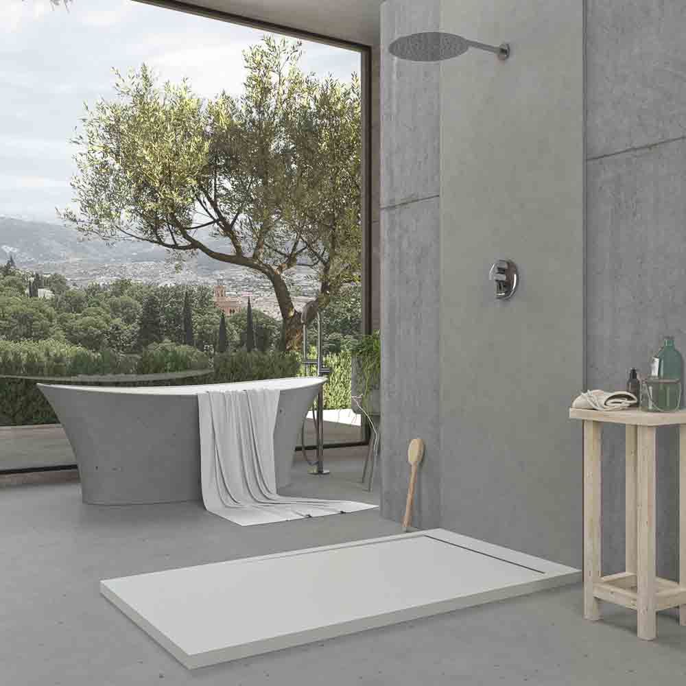 Plato ducha de resina enmarcado URBANSTONE Arena RAL 7035 textura pizarra antibacteriano y antideslizante. Colores a elegir. Rejilla oculta. - Imagen 3