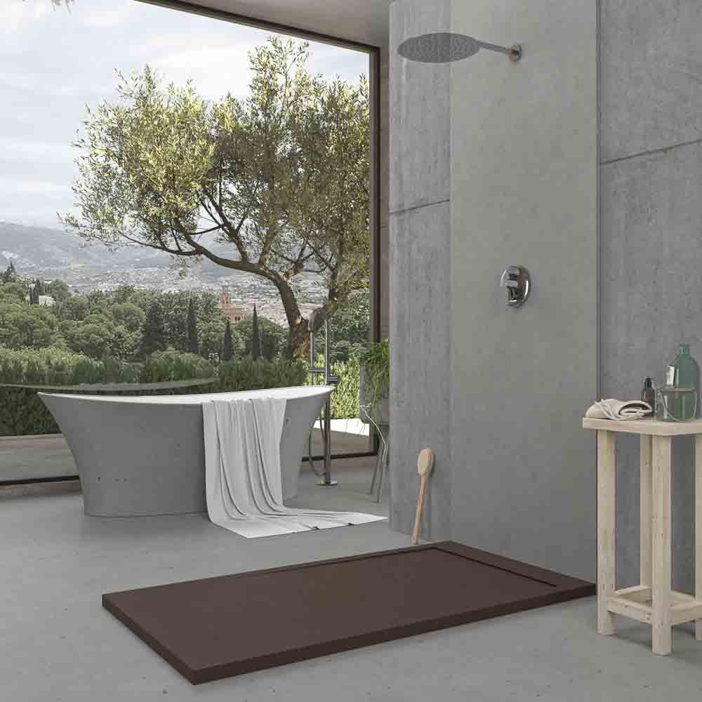 Plato ducha de resina enmarcado URBANSTONE Marrón RAL 8014 textura pizarra antibacteriano y antideslizante. Colores a elegir. Rejilla oculta - Imagen 3