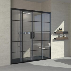 Mampara de ducha frontal FLARE 2 fijos -2 puertas correderas decorado industrial. Sin perfil inferior. Con tratamiento anti-cal. Acabado NEGRO MATE