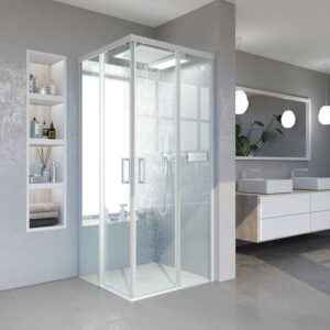 Mampara de ducha cuadrada BASIC apertura angular 2 fijos-2 puertas correderas. Sin perfil inferior. Con tratamiento anti-cal.Acabado BLANCO MATE.