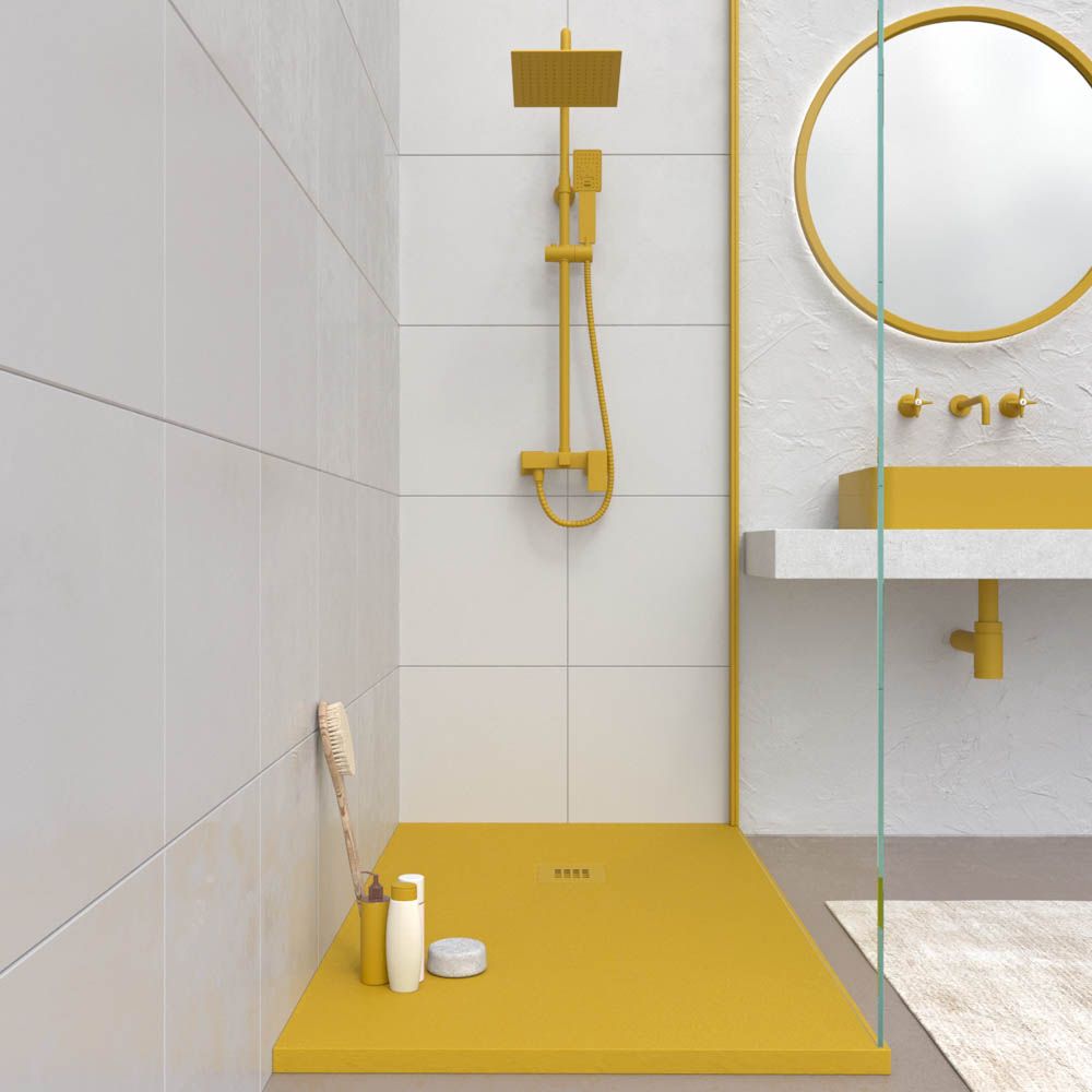 Plato ducha resina CLOE Amarillo Miel RAL 1005 con textura pizarra antibacteriano y antideslizante. Rejilla termolacada - Imagen 2