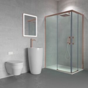 Mampara de ducha rectangular FLARE apertura angular 2 fijos-2 puertas correderas. Sin perfil inferior. Con tratamiento anti-cal. Acabado ORO ROSA