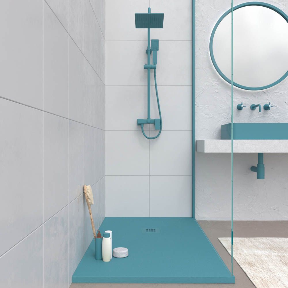 Plato ducha resina CLOE Azul Turquesa RAL 5018 con textura pizarra antibacteriano y antideslizante. Rejilla termolacada - Imagen 2