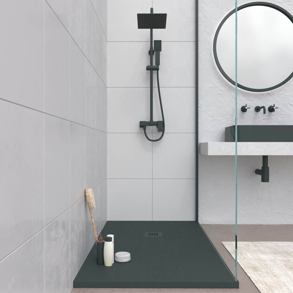Plato ducha resina CLOE Verde Negruzno RAL 6012 con textura pizarra antibacteriano y antideslizante. Rejilla termolacada - Imagen 2