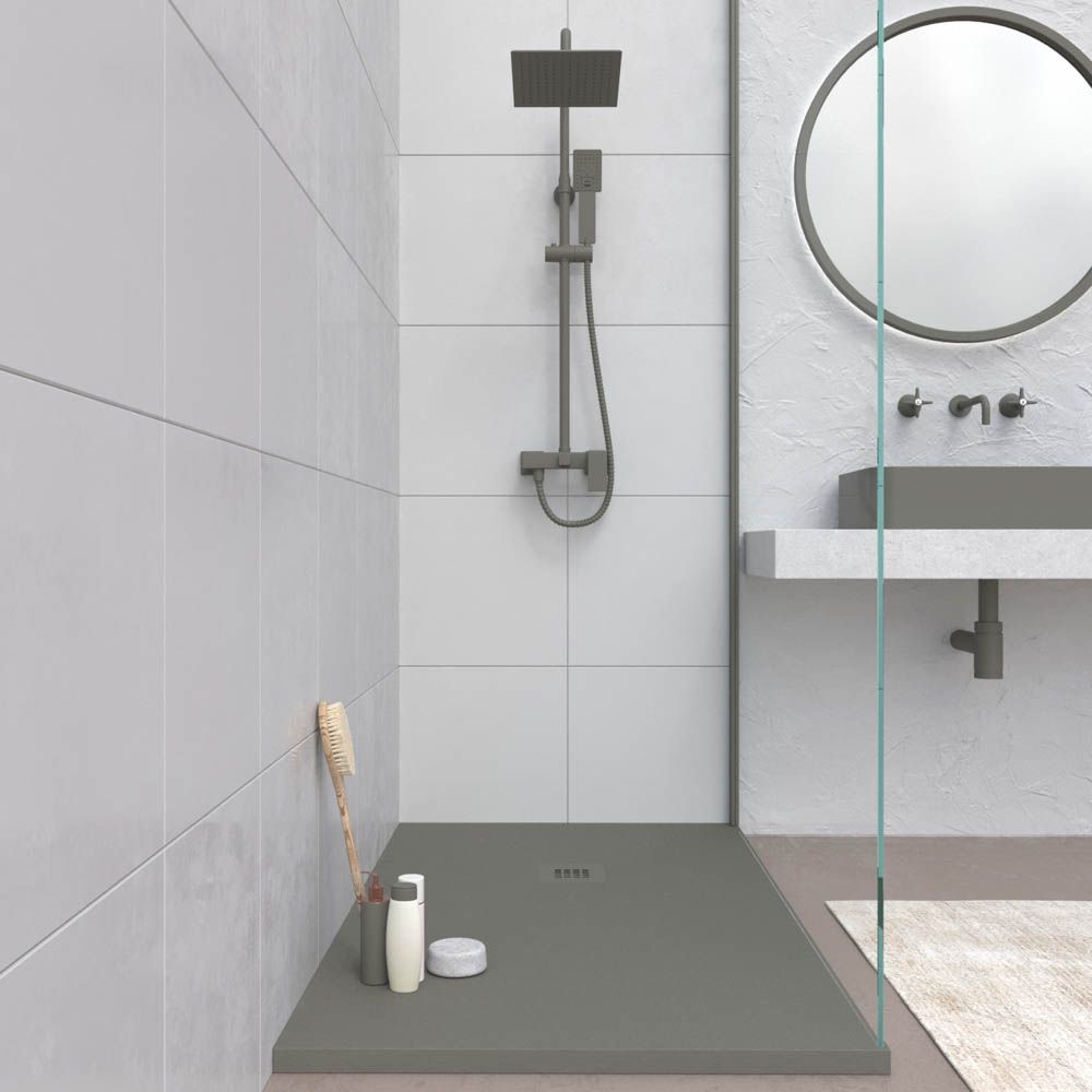 Plato ducha resina CLOE Gris Cuarzo RAL 7039 con textura pizarra antibacteriano y antideslizante. Rejilla termolacada - Imagen 2