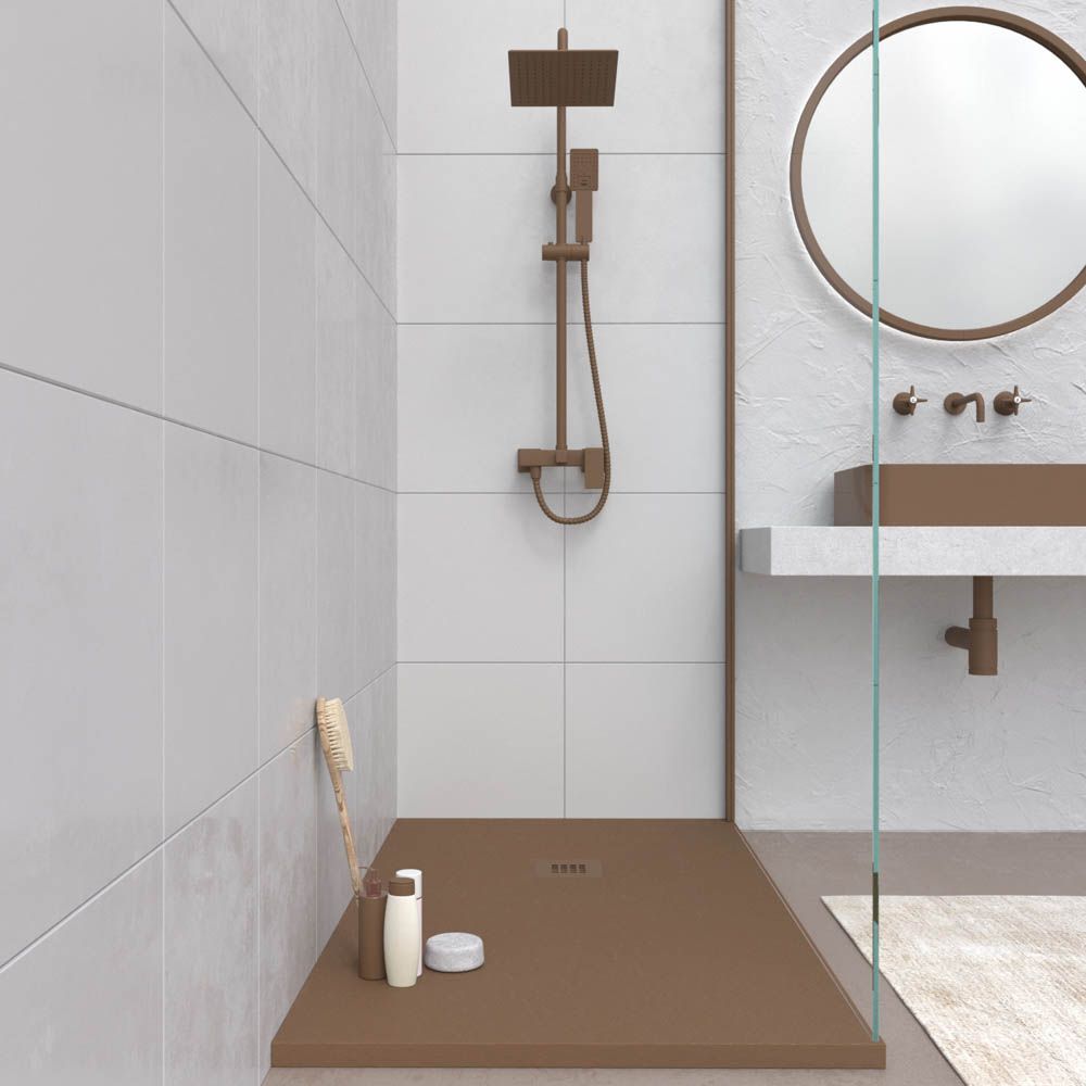 Plato ducha resina CLOE Pardo Beige RAL 8024 con textura pizarra antibacteriano y antideslizante. Rejilla termolacada - Imagen 2