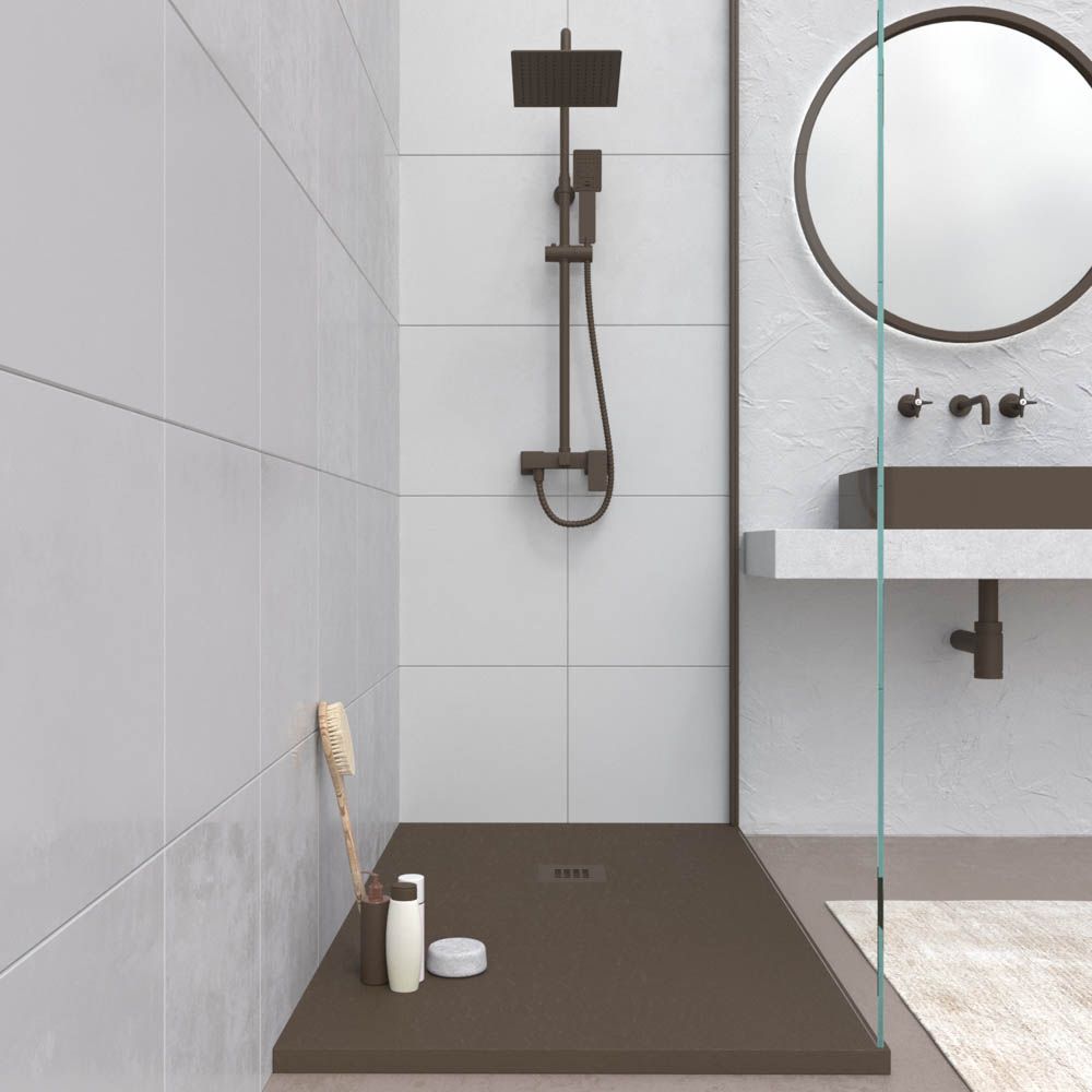 Plato ducha resina CLOE Marrón Tierra RAL 8028 con textura pizarra antibacteriano y antideslizante. Rejilla termolacada - Imagen 2