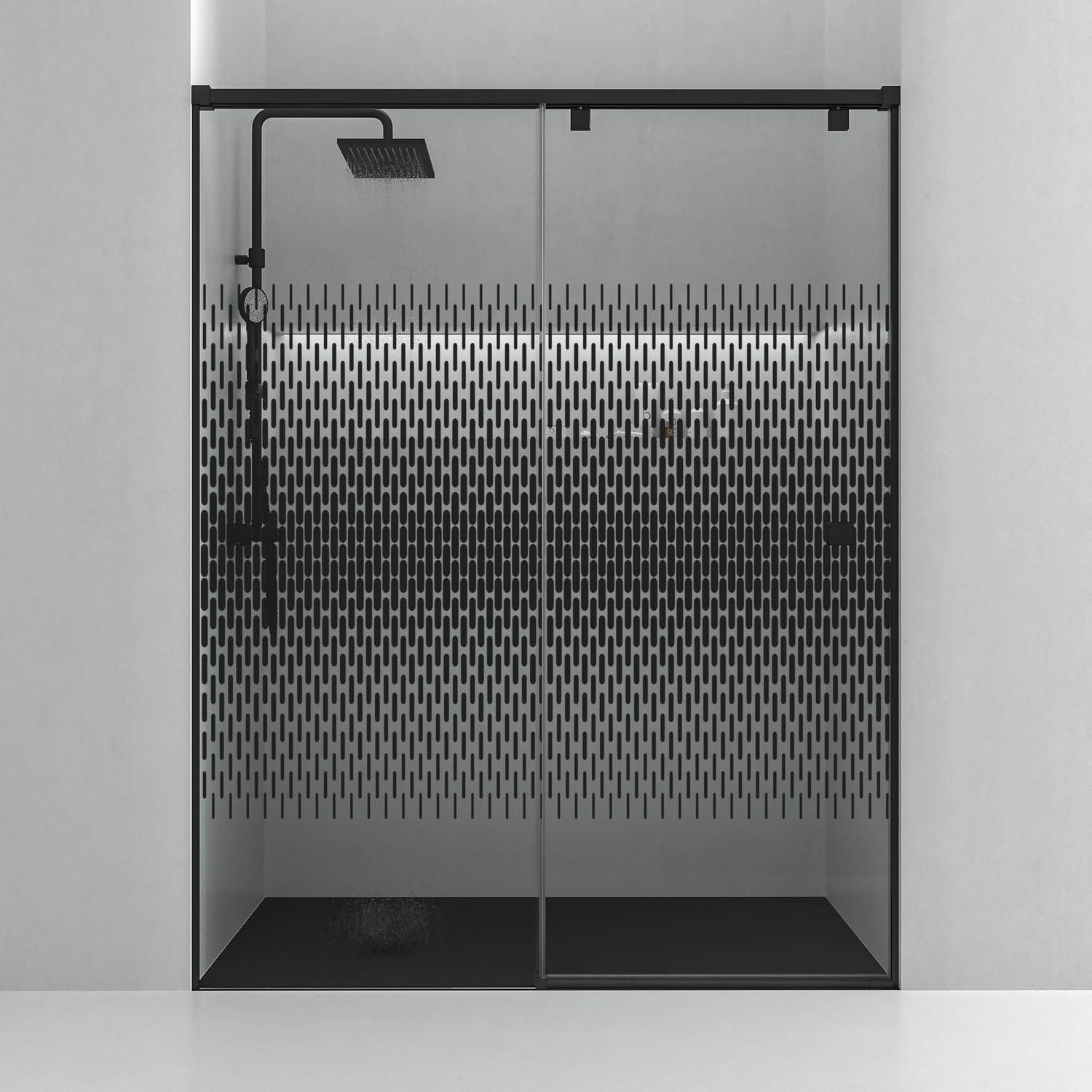 Mampara de ducha frontal LIFE 1 fijo + 1 puerta corredera Serigrafiada vidrio 8 mm con cierre amortiguado. Acabado NEGRO MATE - Imagen 2