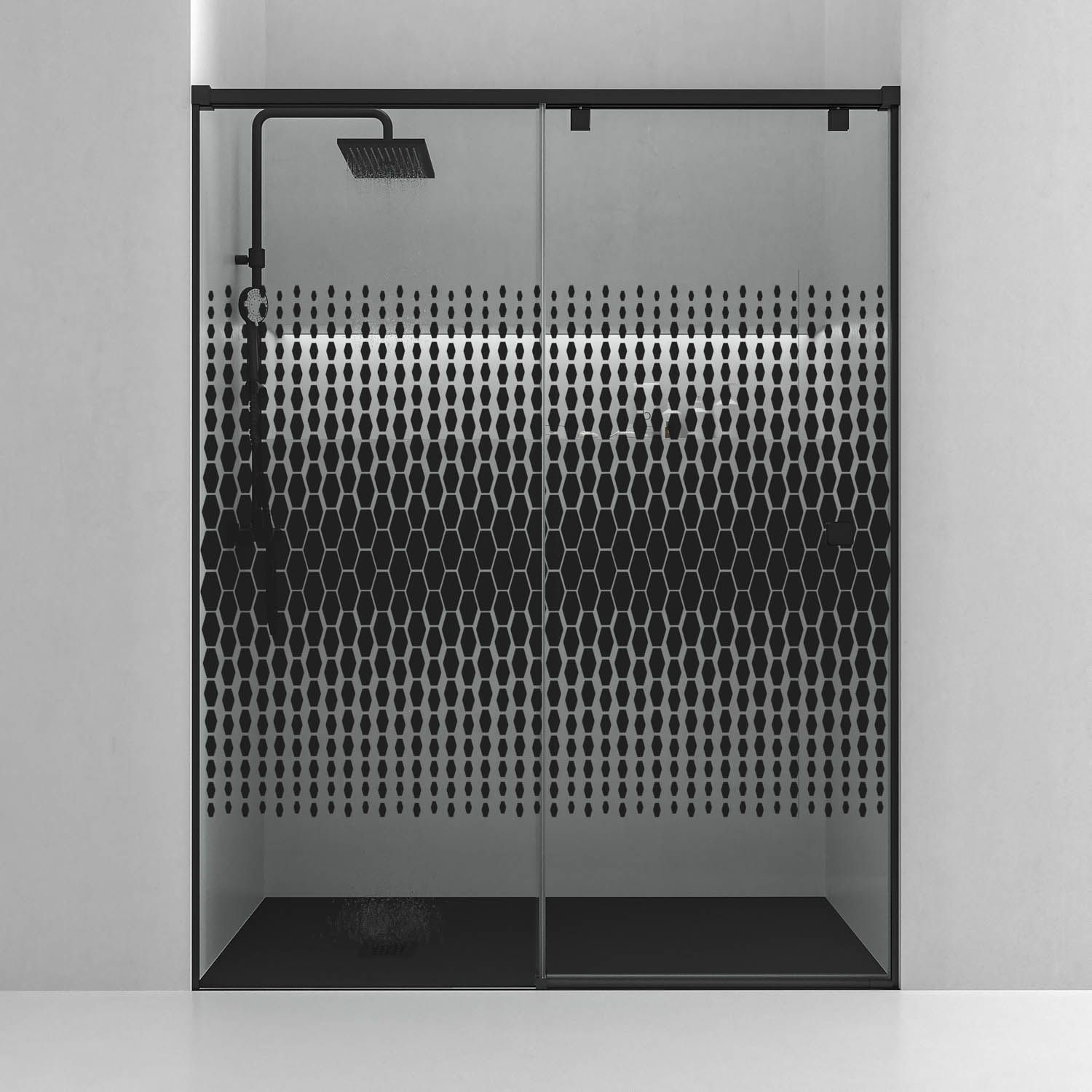 Mampara de ducha frontal LIFE 1 fijo + 1 puerta corredera Serigrafiada vidrio 8 mm con cierre amortiguado. Acabado NEGRO MATE