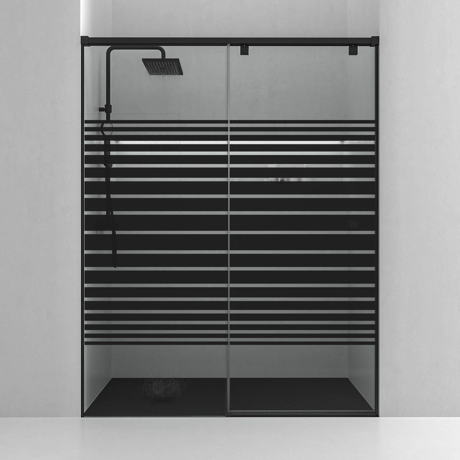 Mampara de ducha frontal LIFE 1 fijo + 1 puerta corredera Serigrafiada vidrio 8 mm con cierre amortiguado. Acabado NEGRO MATE - Imagen 4