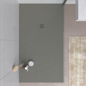 Plato ducha resina CLOE Gris Cuarzo RAL 7039 con textura pizarra antibacteriano y antideslizante. Rejilla termolacada