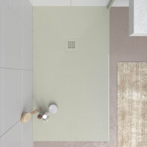 Plato ducha resina CLOE Gris Guijarro RAL 7032 con textura pizarra antibacteriano y antideslizante. Rejilla termolacada