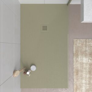 Plato ducha resina CLOE Gris Amarilado RAL 7034 con textura pizarra antibacteriano y antideslizante. Rejilla termolacada