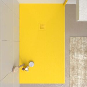 Plato ducha resina CLOE Amarillo Tráfico RAL 1021 con textura pizarra antibacteriano y antideslizante. Rejilla termolacada