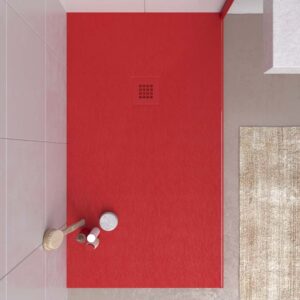 Plato ducha resina CLOE Rojo Tráfico RAL 3020 con textura pizarra antibacteriano y antideslizante. Rejilla termolacada