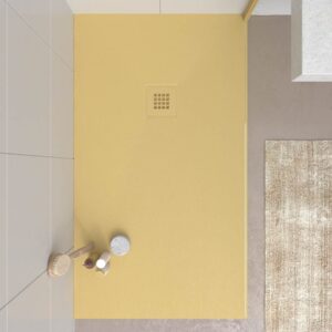 Plato ducha resina CLOE Amarillo Arena RAL 1002 con textura pizarra antibacteriano y antideslizante. Rejilla termolacada