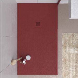 Plato ducha resina CLOE Rojo viejo RAL 3011 con textura pizarra antibacteriano y antideslizante. Rejilla termolacada