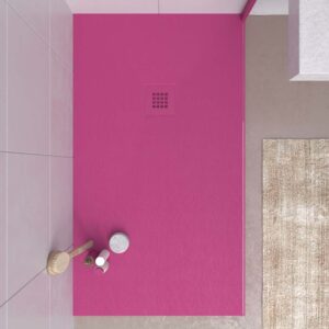 Plato ducha resina CLOE Magenta RAL 4010 con textura pizarra antibacteriano y antideslizante. Rejilla termolacada