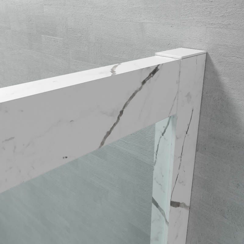 Mampara de ducha rectangular FLARE apertura angular 2 fijos-2 puertas correderas. Sin perfil inferior. Acabado efecto mármol. CALACATTA - Imagen 2