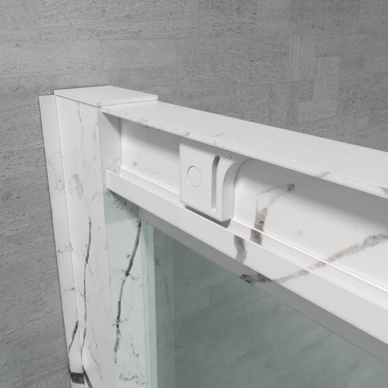 Mampara de ducha rectangular FLARE apertura angular 2 fijos-2 puertas correderas. Sin perfil inferior. Acabado efecto mármol. CALACATTA - Imagen 3