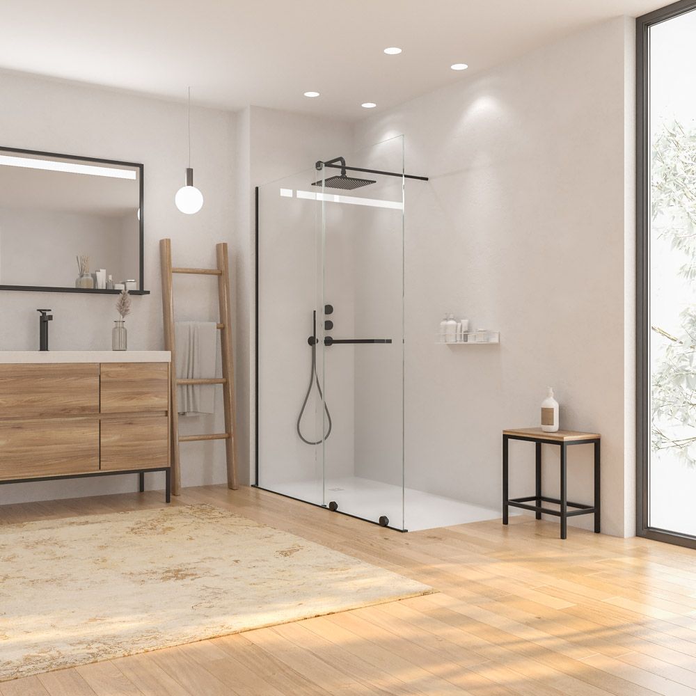 Mampara de ducha VERONA frontal abierta 1 fijo- 1 puerta corredera acabado. NEGRO MATE