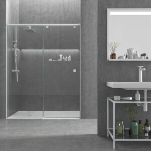 Mampara de ducha frontal LIFE 1 fijo + 1 puerta corredera vidrio 8 mm con cierre amortiguado. Acabado BLANCO MATE