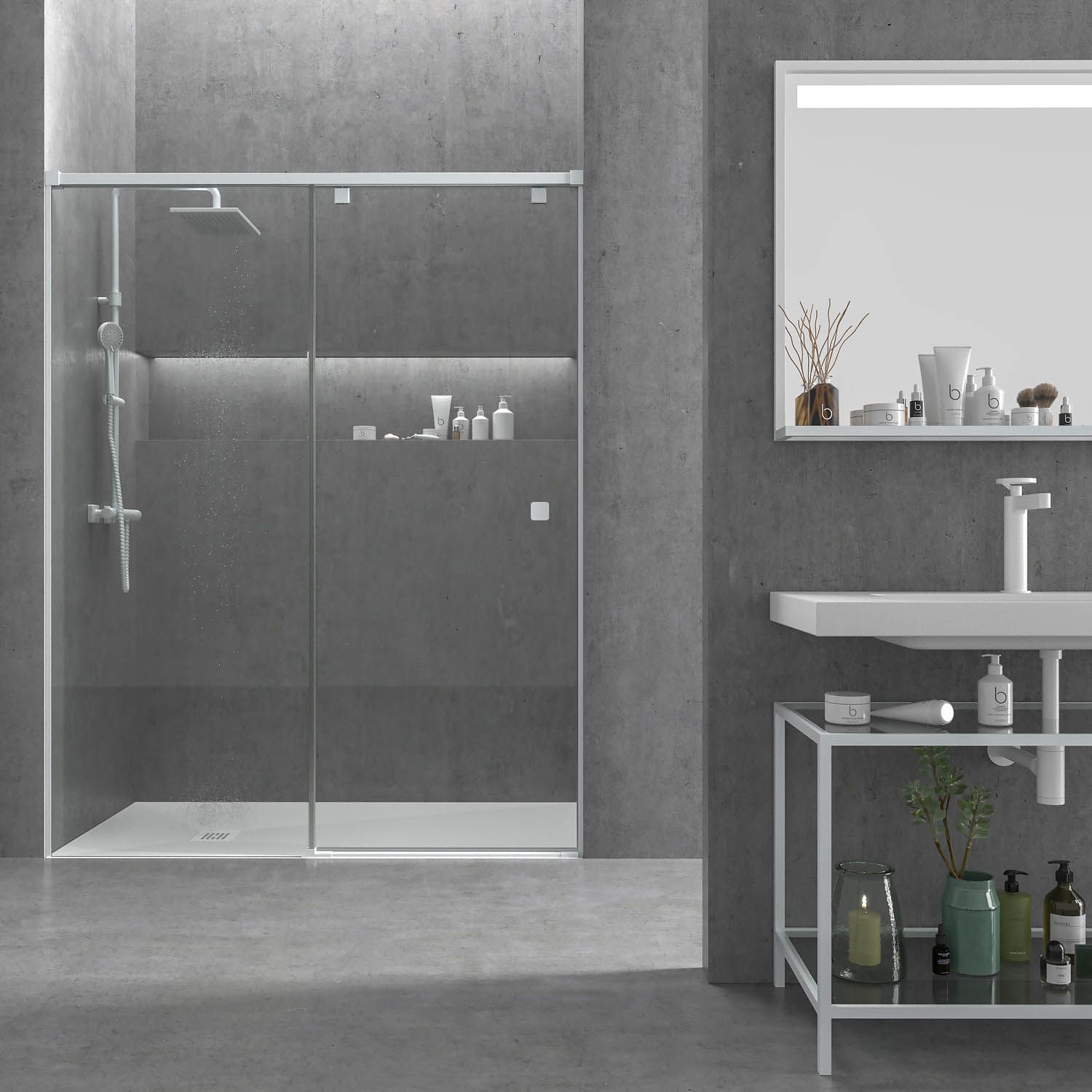 Mampara de ducha frontal LIFE 1 fijo + 1 puerta corredera vidrio 8 mm con cierre amortiguado. Acabado BLANCO MATE