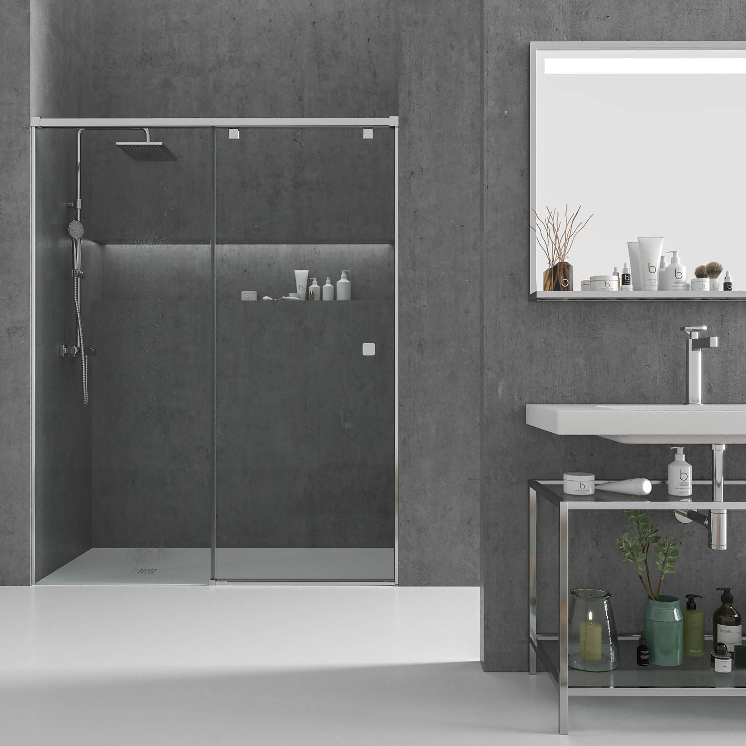 Mampara de ducha frontal LIFE 1 fijo + 1 puerta corredera vidrio 8 mm con cierre amortiguado. Acabado CROMO BRILLO - Imagen 3