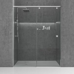 Mampara de ducha frontal LIFE 1 fijo + 1 puerta corredera vidrio 8 mm con cierre amortiguado. Acabado CROMO BRILLO