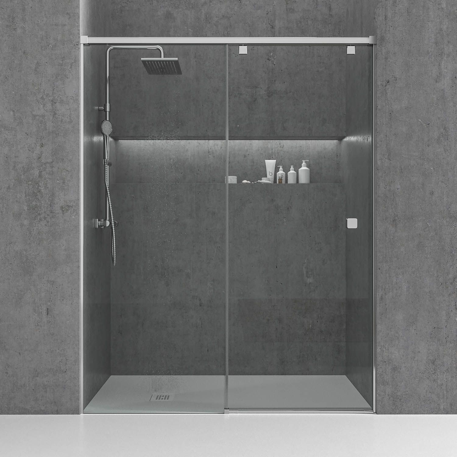 Mampara de ducha frontal LIFE 1 fijo + 1 puerta corredera vidrio 8 mm con cierre amortiguado. Acabado CROMO BRILLO