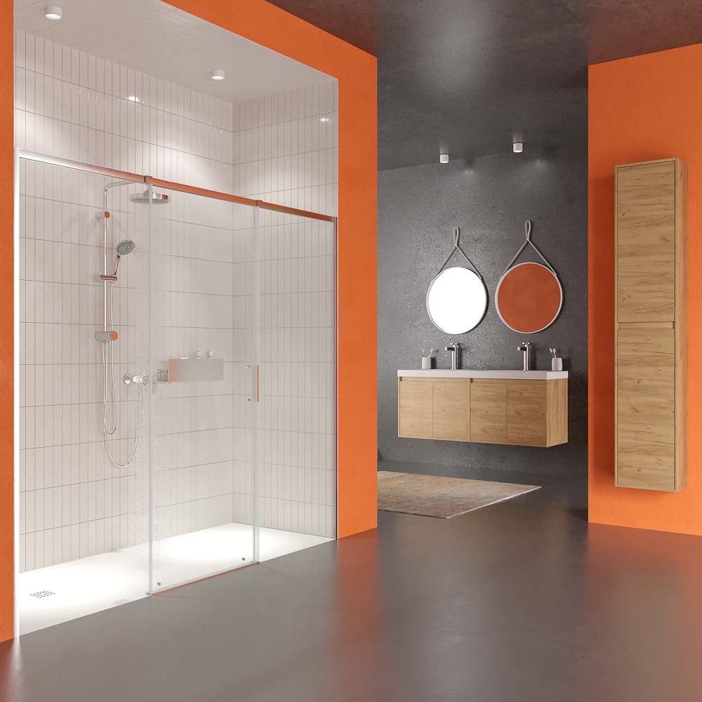 Mampara de ducha AXER frontal 1 fijo +1 puerta corredera central + 1 fijo .Vidrio 6 mm. templado seguridad. ACERO INOXIDABLE - Imagen 2