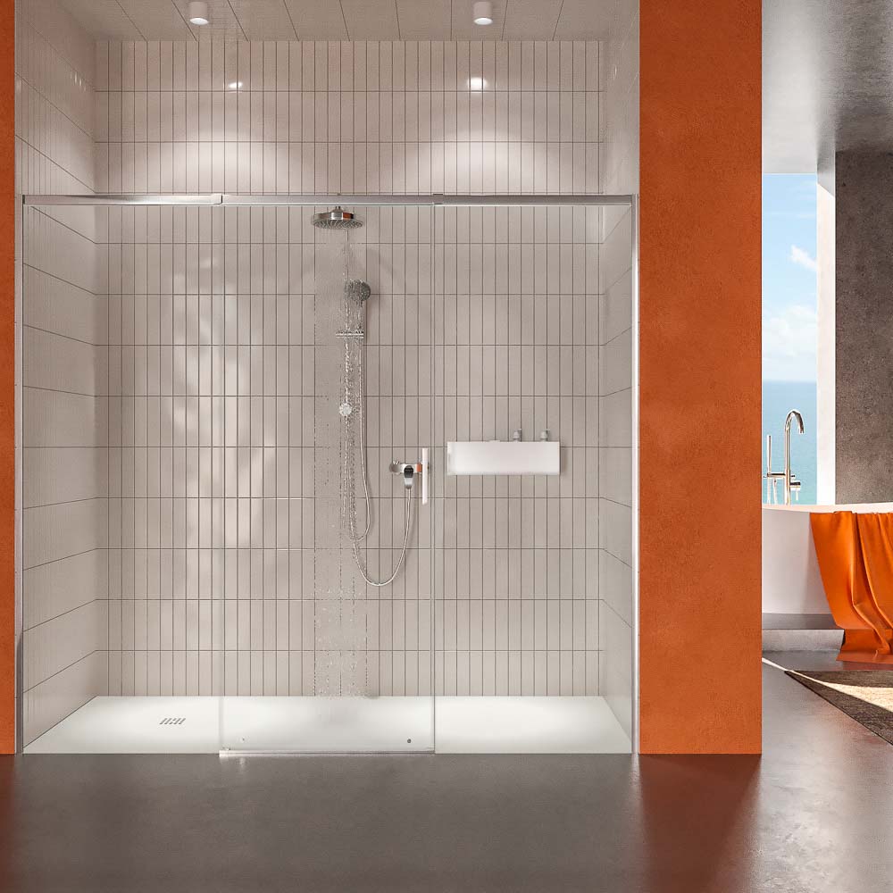 Mampara de ducha AXER frontal 1 fijo +1 puerta corredera central + 1 fijo .Vidrio 6 mm. templado seguridad. ACERO INOXIDABLE