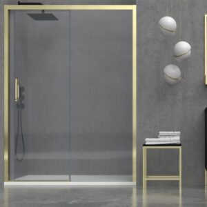 Mampara de ducha frontal FLARE 1 fijo -1 puerta corredera. Sin perfil inferior. Con tratamiento anti-cal . Acabado ORO