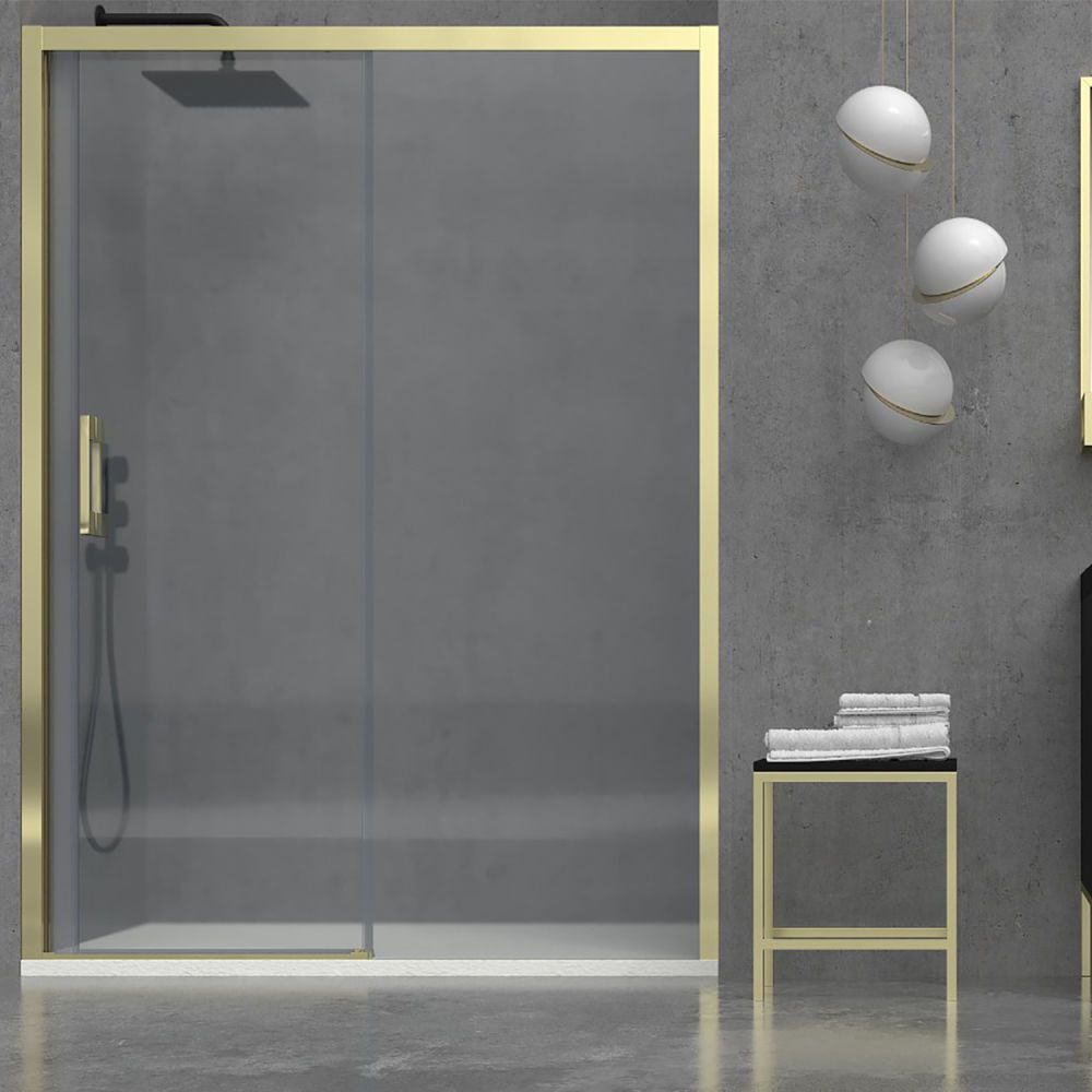 Mampara de ducha frontal FLARE 1 fijo -1 puerta corredera. Sin perfil inferior. Con tratamiento anti-cal . Acabado ORO