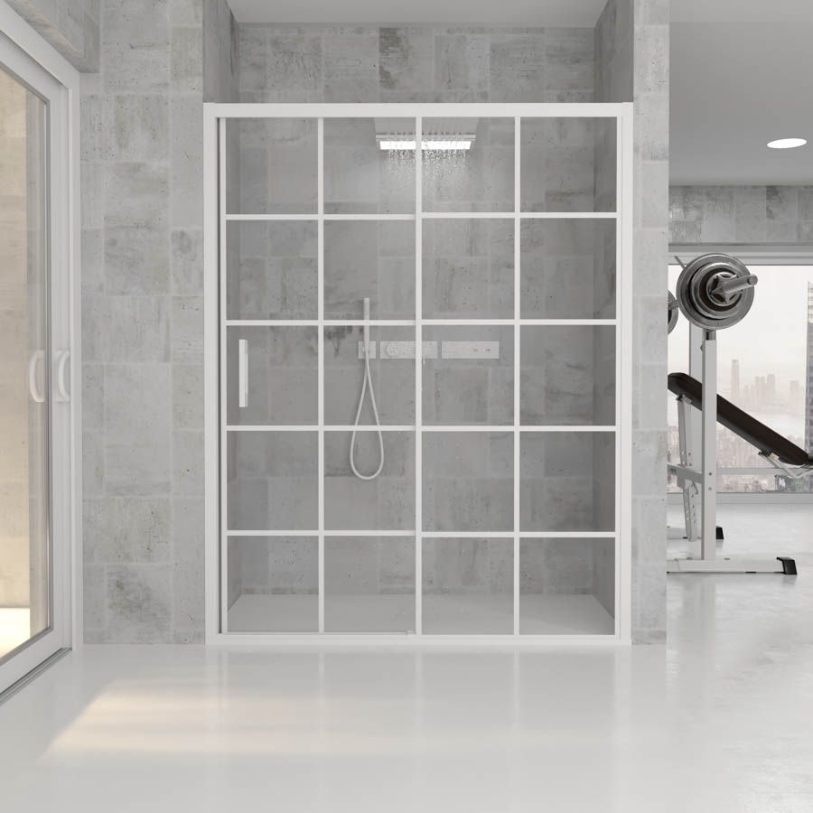 Mampara de ducha frontal FLARE decorado industrial 1 fijo -1 puerta corredera. Sin perfil inferior. Acabado BLANCO MATE