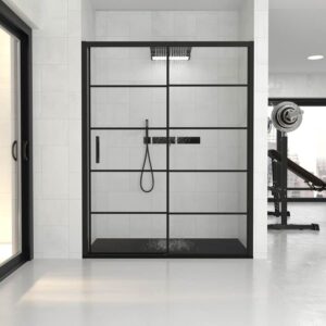 Mampara de ducha frontal FLARE decorado industrial 1 fijo -1 puerta corredera. Sin perfil inferior. Acabado NEGRO MATE