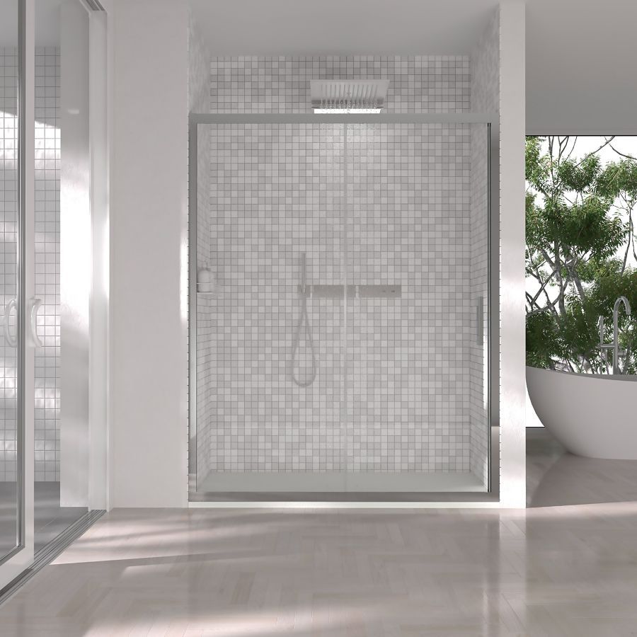 Mampara de ducha frontal FRAME 1 fijo -1 puerta corredera . Acabado CROMO BRILLO