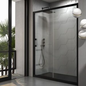 Mampara de ducha frontal FRAME 1 fijo -1 puerta corredera vidrio transparente. Acabado NEGRO MATE