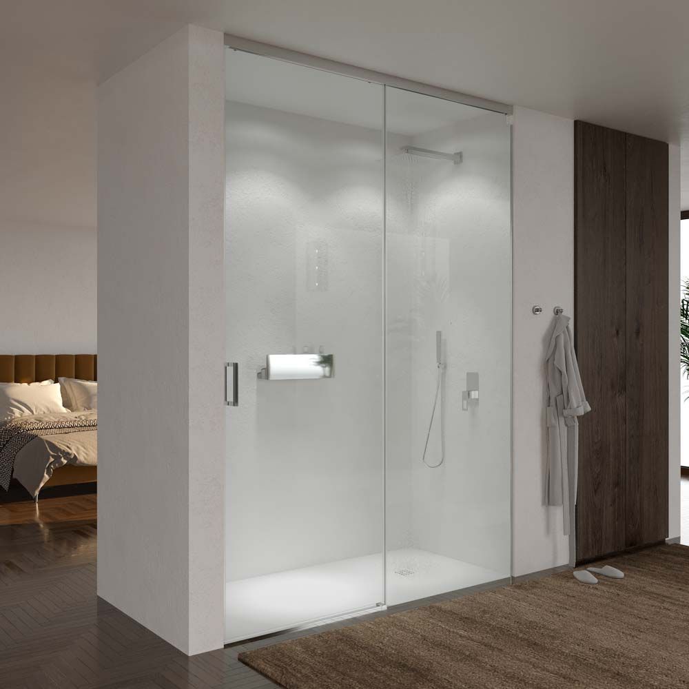 Mampara de ducha TECH HIGH frontal 1 fijo - 1 puerta corredera vidrio 8 mm. ACERO INOXIDABLE fabricada a techo