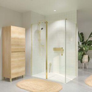 Mampara de ducha rectangular OPEN 2 fijos - 1 puerta abatible a medida ORO MATE