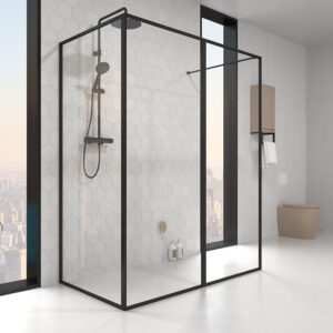 Fijo de
  ducha LINE con perfilería enmarcada 3 cuerpos - Vidrio 4 MM con tratamiento
  anti-cal incluido- Brazo sujeción acero inox