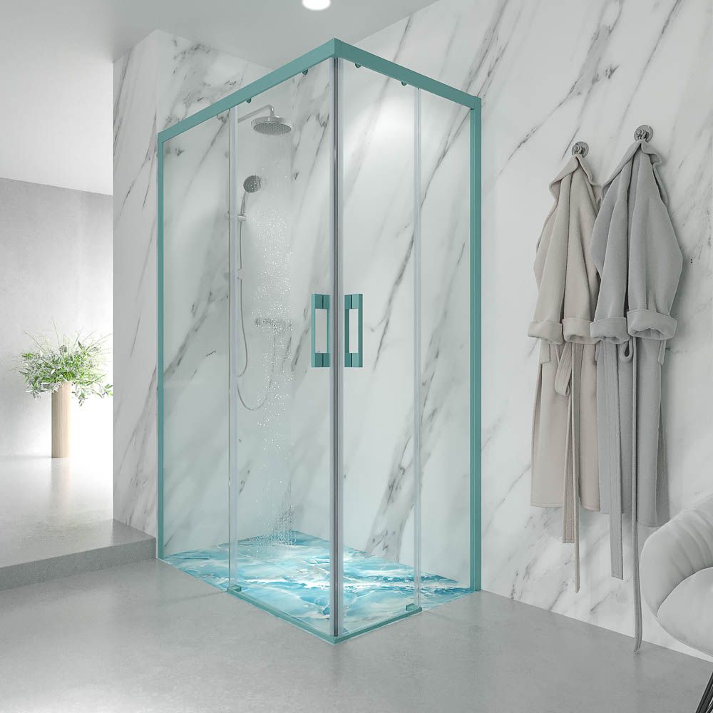 Mampara de ducha rectangular LINEA apertura angular 2 fijos-2 puertas correderas. Sin perfil inferior. Acabado AZUL TURQUESA