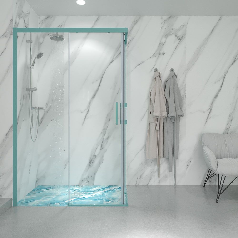 Mampara de ducha rectangular LINEA apertura angular 2 fijos-2 puertas correderas. Sin perfil inferior. Acabado AZUL TURQUESA - Imagen 2