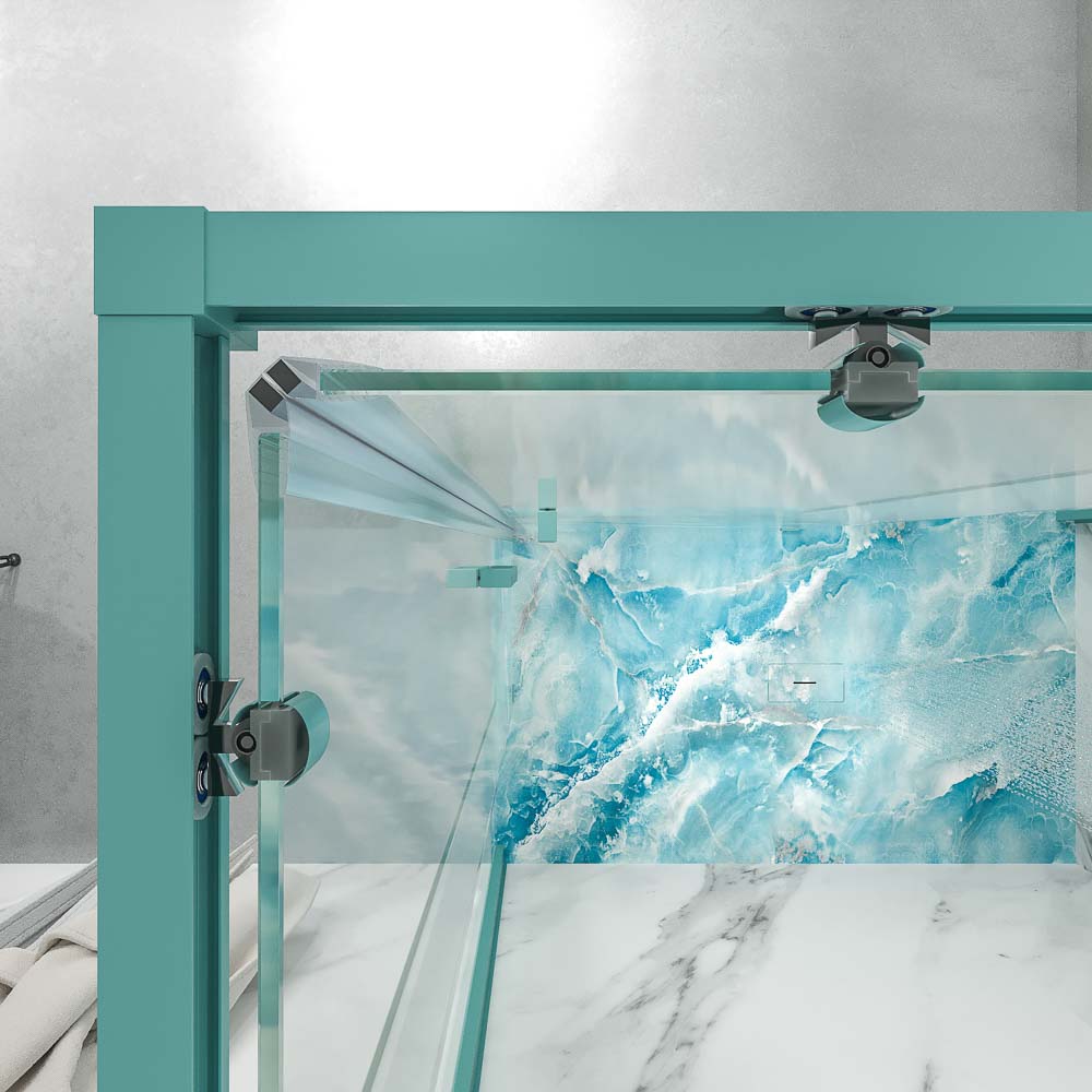 Mampara de ducha rectangular LINEA apertura angular 2 fijos-2 puertas correderas. Sin perfil inferior. Acabado AZUL TURQUESA - Imagen 3