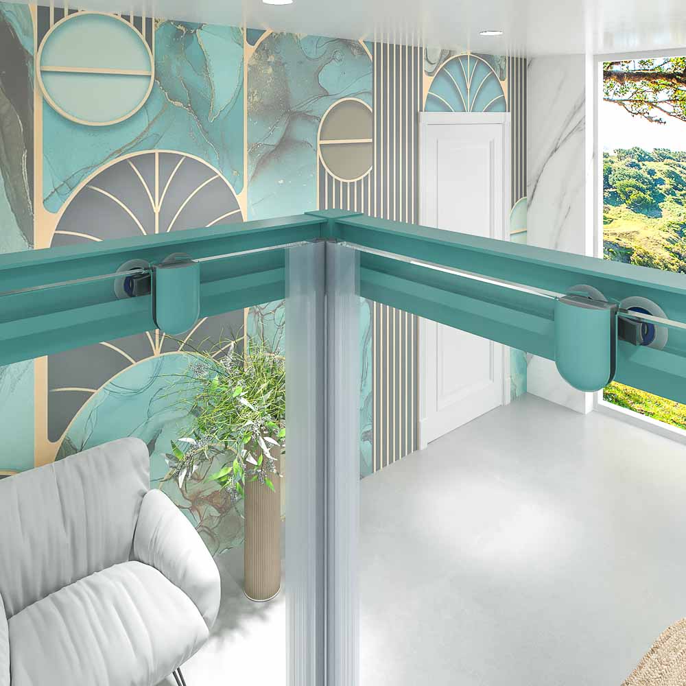 Mampara de ducha rectangular LINEA apertura angular 2 fijos-2 puertas correderas. Sin perfil inferior. Acabado AZUL TURQUESA - Imagen 4