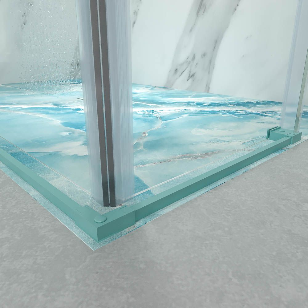 Mampara de ducha rectangular LINEA apertura angular 2 fijos-2 puertas correderas. Sin perfil inferior. Acabado AZUL TURQUESA - Imagen 7