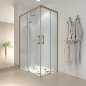 Mampara de ducha rectangular LINEA apertura angular 2 fijos-2 puertas correderas. Sin perfil inferior. Acabado MOKA