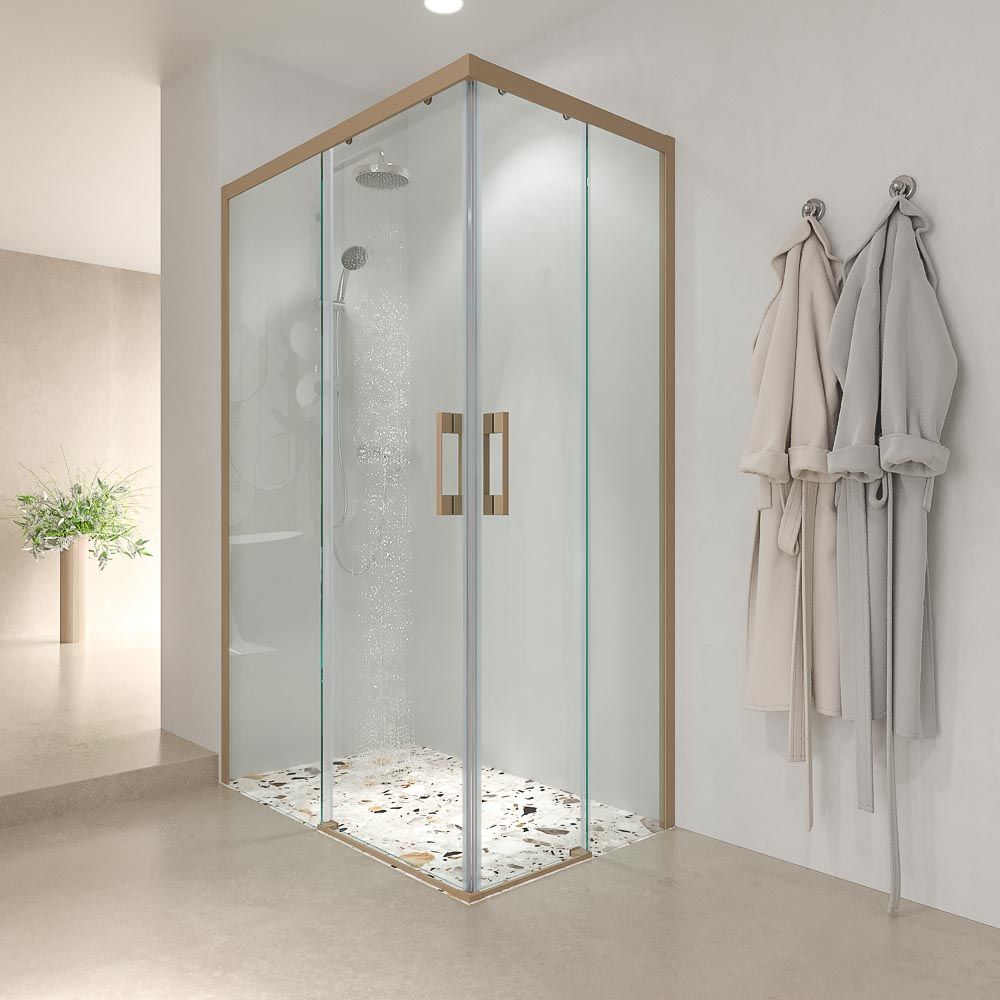 Mampara de ducha rectangular LINEA apertura angular 2 fijos-2 puertas correderas. Sin perfil inferior. Acabado MOKA