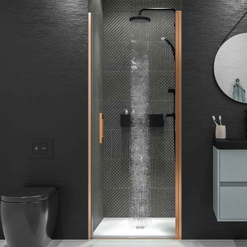 Mampara de ducha frontal OPEN 1 puerta abatible a medida. Acabado COBRE MATE