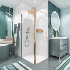 Mampara de ducha cuadrada OPEN 1 fijo - 1 puerta abatible fabricada a medida. COBRE MATE